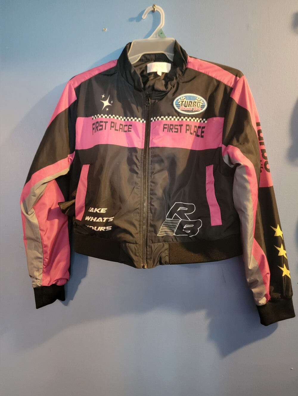 Reason Women First Place Pink & Black Racing Bomber Jacket - Women Size Large